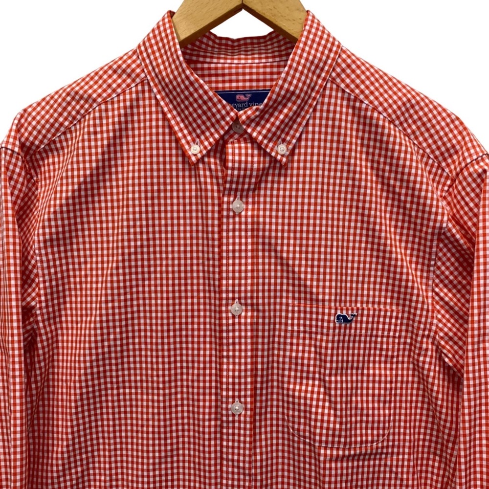Vineyard Vines Mens Orange Gingham Check Long Sleeve Button Down Shirt Size M